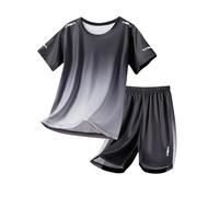 Boys Sport Outfit 2PCS Quick-Dry Short Sleeve T-Shirt & Athletic Shorts Summer Running Gym Clothes Active Playwear Set (Grey, 140) w11n