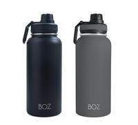 BOZ - Lot de 2 Gourdes Isothermes En Acier Inoxydable 1L, Sans BPA, Double Isolation Sous Vide | Gourdes de Camping et Randonnée Avec Couvercle Anti Germe, Bouteilles d'Eau 1 Litre (Gris + Noir)