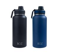 BOZ - Lot de 2 Gourdes Isothermes En Acier Inoxydable 1L, Sans BPA, Double Isolation Sous Vide | Gourdes de Camping et Randonnée Avec Couvercle Anti Germe, Bouteilles d'Eau 1 Litre (Bleu + Noir)
