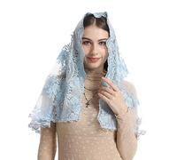 Bozidol Voiles Catholiques pour Femme: Mantille en Dentelle Brodée de Fleurs Bleues Claires, Voile de Chapelle en Forme de D, Couverture de Tête pour Messe Latine