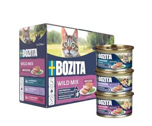 BOZITA Mousse Wild Mix 12 x 85 g - Nourriture Humide pour Chats Gourmet en Petites doses - avec postbiotiques pour Soutenir Une Flore intestinale Saine avec Renne, cerf et Sanglier - Aliment Complet