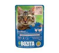 Bozita Nourriture Humide stérilisée en Sauce avec Poulet et Dinde - 12 sachets de 85 g de Nourriture sans céréales et sans blé pour Chats stérilisés - Nourriture pour Chat avec 8,5% de protéines et