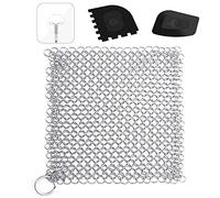 BOZKAA Nettoyeur en fonte en acier inoxydable avec grattoir en plastique robuste et crochets auto-adhésifs 18 x 18 cm pour four, poêles, poêles en fonte ou woks et plus encore