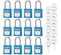 BOZZYS Lockout - Lot de 12 cadenas Loto à clé identique, anse en acier de 38 mm, corps en plastique (bleu, lot de 12, cadenas à goupille, cadenas)