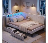 BPKADHY Canapé-lit rembourré, 140 x 200 cm, avec LED et USB-C, 2 tiroirs, cadre de lit avec sommier à lattes, en velours beige, sans matelas (beige B, 140 x 200 cm)