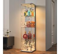 BPKADHY Vitrine sur pied en verre à 4 couches - 1 porte - Lampe LED et serrure avec paroi arrière miroir - Armoire de salon pour objets de collection et livres - Blanc