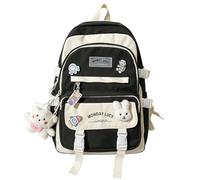 Bpoeee Cute Forest Style Backpack for Women, Large Capacity Aesthetic Travel Backpack with Bunny Pin, Plush Bear Pendant, Acrylic Charms, Multi Pocket Casual Daypack for Travel, Everyday Use (Black)
