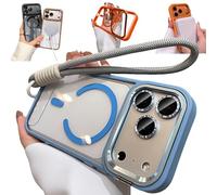 Bpoeee Magnetic Phone Case with Built-in Kickstand for iPhone, Anti-Yellowing Clear Back, Raised Lens & Screen Guard, Tactile Metal Buttons, Strong Magnetic Lock, with Lanyard (Blue,17PROMAX)