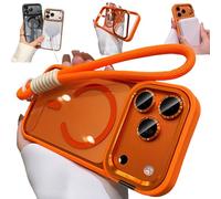 Bpoeee Magnetic Phone Case with Built-in Kickstand for iPhone, Anti-Yellowing Clear Back, Raised Lens & Screen Guard, Tactile Metal Buttons, Strong Magnetic Lock, with Lanyard (Orange,12PRO)