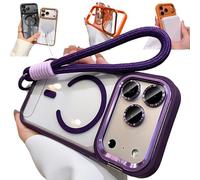 Bpoeee Magnetic Phone Case with Built-in Kickstand for iPhone, Anti-Yellowing Clear Back, Raised Lens & Screen Guard, Tactile Metal Buttons, Strong Magnetic Lock, with Lanyard (Dark Purple,12)