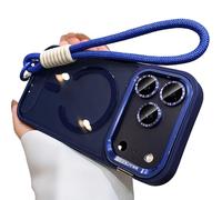 Bpoeee Magnetic Phone Case with Built-in Kickstand for iPhone, Anti-Yellowing Clear Back, Raised Lens & Screen Guard, Tactile Metal Buttons, Strong Magnetic Lock, with Lanyard (Dark Blue,15)