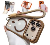 Bpoeee Magnetic Phone Case with Built-in Kickstand for iPhone, Anti-Yellowing Clear Back, Raised Lens & Screen Guard, Tactile Metal Buttons, Strong Magnetic Lock, with Lanyard (Gold,14PRO Max)