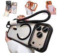 Bpoeee Magnetic Phone Case with Built-in Kickstand for iPhone, Anti-Yellowing Clear Back, Raised Lens & Screen Guard, Tactile Metal Buttons, Strong Magnetic Lock, with Lanyard (Black,14)