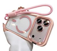 Bpoeee Magnetic Phone Case with Built-in Kickstand for iPhone, Anti-Yellowing Clear Back, Raised Lens & Screen Guard, Tactile Metal Buttons, Strong Magnetic Lock, with Lanyard (Pink,13PROMAX)