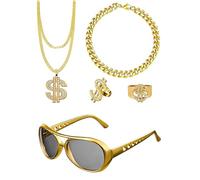 BPTRKOM 5 pièces Kit de Bijoux Hip Hop Années 80/90 - Collier & Bague en Chaîne Dollar Plaqué Or - Accessoires Rap pour Fête, Carnaval, Cosplay et Concert (Style Rétro Rappeur)