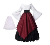 BPURB Costume de Médiévale Femme Renaissance Trompette Manche Victorienne Robe Deguisement avec Haut et jupe et jupon (Noir/Rouge, M)
