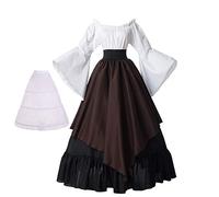 BPURB Costume de Médiévale Femme Renaissance Trompette Manche Victorienne Robe Deguisement avec Haut et jupe et jupon (Noir/Café, L)