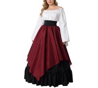 BPURB Costume de Médiévale Femme Renaissance Trompette Manche Victorienne Robe Deguisement avec Haut et jupe et jupon (Noir/Rouge, L)