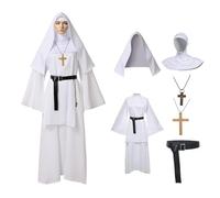 BPURB Costume de nonne pour femme - Adulte - Ligne de luxe - Costume d'Halloween - Cosplay - Accessoire pour fête à thème, carnaval (robe, ceinture, chapeau, croix) (blanc, taille L)