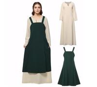 BPURB Robe tunique médiévale vintage à bretelles avec dos lacé dans le dos viking, robe tunique à bretelles, costume de paysan pour costumade, Vert, 3XL