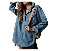 BQLFPOIHP Cautiousm Chic & Comfy Denim Pullover - Button V Neck Blouse,Womens Loose Fit Long Sleeve Jean Jacket(Navy blue,XL)