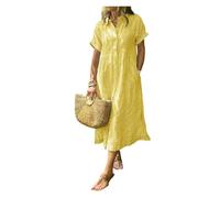 BQLFPOIHP Striped Lapel Button Down Shirt Dress, Summer Casual Button up Short Sleeve Long Shift Dress(Yellow,L)