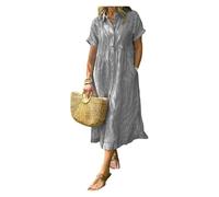 BQLFPOIHP Striped Lapel Button Down Shirt Dress, Summer Casual Button up Short Sleeve Long Shift Dress(Grey,XL)