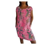 BQLFPOIHP Women's Cotton and Linen Round Neck Printed Dress(Red,XL)