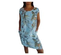 BQLFPOIHP Women's Cotton and Linen Round Neck Printed Dress(Sky Blue,XXL)