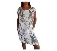 BQLFPOIHP Women's Cotton and Linen Round Neck Printed Dress(White-B,L)