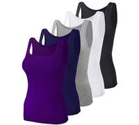 BQTQ 5 Pièces Débardeur Femme Tank Tops Extensibles Crop Top sans Manches Maillots de Corps à Col Carré Débardeur, Pourpre, Noir, Gris, Marine, Blanc, M