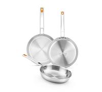 BRA Efficient Inox Triply Lot De 3 Poêles De 20-24-26 Cm, Acier Inoxydable 18/10, Sans Revêtement Antiadhésif, Triple Fond Diffuseur Forgé, Sans Pfoa, Manche Riveté