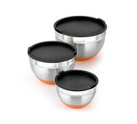 BRA Efficient | Lot de 3 Bols en Acier Inoxydable 12|16|20 cm 0,4 L 18/10, Base en Silicone, Couvercles Inclus