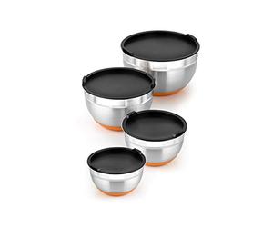 BRA Efficient | Lot de 4 Bols en Acier Inoxydable 18/10 12|16|20|24 cm 0,4 L, Base en Silicone, Couvercles Inclus