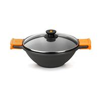 BRA Efficient | Wok/Faitout Concave 28 cm, avec Couvercle en Verre, Anses en Silicone, Noir