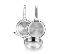 BRA Signature | Lot de 3 poêles en acier inoxydable 18/10 professionnel sans revêtement antiadhésif, triple fond diffuseur, tous
