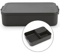 Brabantia Boîte à lunch en plastique Make & Take Bento (2 L), compartiments amovibles pour séparer les aliments, couvercle à clips, gris foncé, 25,5 x 16,7 x 6,2 cm