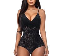 BRABIC Body en dentelle pour femme avec contrôle du ventre, sans manches, col en V, dos nu, camisole galbant - noir - X-Large