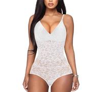 BRABIC Body en dentelle pour femme - Contrôle du ventre - Sans manches - Col en V - Dos nu - Caraco gainant, blanc, Large