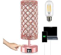 Brabola Lampe de table en cristal, lampe de bureau or rose, décoration de chambre à coucher, table de chevet girly avec 2 ports USB, ampoule incluse pour la maison, le bureau, le salon