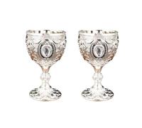 BRABOSTON Lot de 2 verres à vin en relief en métal et verre - Décoration vintage médiévale - Pour la maison, la salle à manger - Cadeau - Tasse en métal - Décoration en verre
