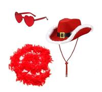 BRABOSTON Lot de 3 chapeaux de cowboy à LED en forme de cœur avec écharpe en plumes coupe-vent pour adulte Chapeau de cowboy pour fête Chapeaux de Noël pour femmes Ornements lumineux Père Noël rouge