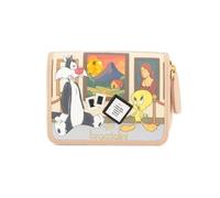 Braccialini Portefeuille Allround Lt modèle zip around décoré avec une impression inspirée de l'univers des Looney Tunes, où Silvestro et Titti visitent un musée entre œuvres d'art, détails rétro et