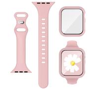 Bracelet 3 en 1 pour Apple Watch 44 mm avec étui et protecteur d'écran, bracelet de sport fin en silicone et coque avec verre trempé 9H pour iWatch Series SE SE2 9 8 7 6 5 4 pour femme Rose