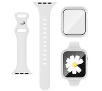 Bracelet 3 en 1 pour Apple Watch mince de 44 mm avec étui et protecteur d'écran, bracelet de sport fin en silicone et coque avec verre trempé 9H pour iWatch Series SE SE2 9 8 7 6 5 4 pour femme, blanc