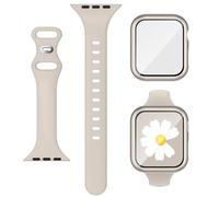 Bracelet 3 en 1 pour Apple Watch mince de 44 mm avec étui et protecteur d'écran, bracelet de sport fin en silicone et coque avec verre trempé 9H pour iWatch Series SE SE2 9 8 7 6 5 4 pour femme, beige