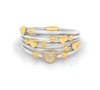 Bracelet à breloques en cuir MGJ™ pour femme avec cristaux Swarovski - Motif cœur | Bijou hypoallergénique | Disponible en cuir noir ou blanc avec finitions argent et or