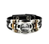 Bracelet Ajustable En Cuir Tressé À Plusieurs Couches, Symbole Du Verseau, Avec Un Bouclier Porte-Bonheur. Inspiré Des Créations Ethniques Et Musicales, Ce Bracelet Fait Main Est Un Accessoire D'A