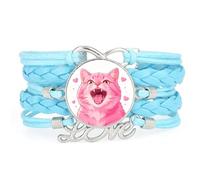 Bracelet Ajustable En Cuir Tressé Bleu Avec Motif Chat Mignon Et Cœur Inf