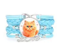 Bracelet Ajustable En Cuir Tressé Bleu Avec Motif Chat Persan Et Cœur Inf